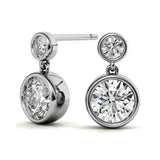 Bezel Set Double Round Cut Moissanite Drop Earrings