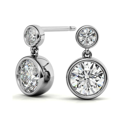 Bezel Set Double Round Cut Moissanite Drop Earrings