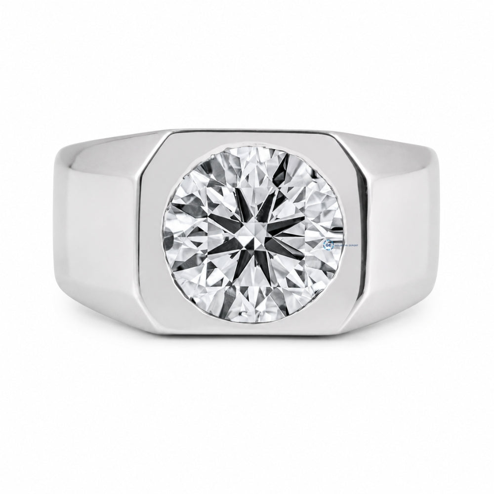 Round Cut Moissanite Signet Ring Solid Gold Statement Ring