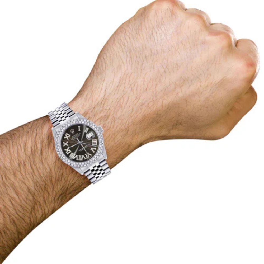Custom Dark Brown Roman Numeral Dial Moissanite Wrist Watch