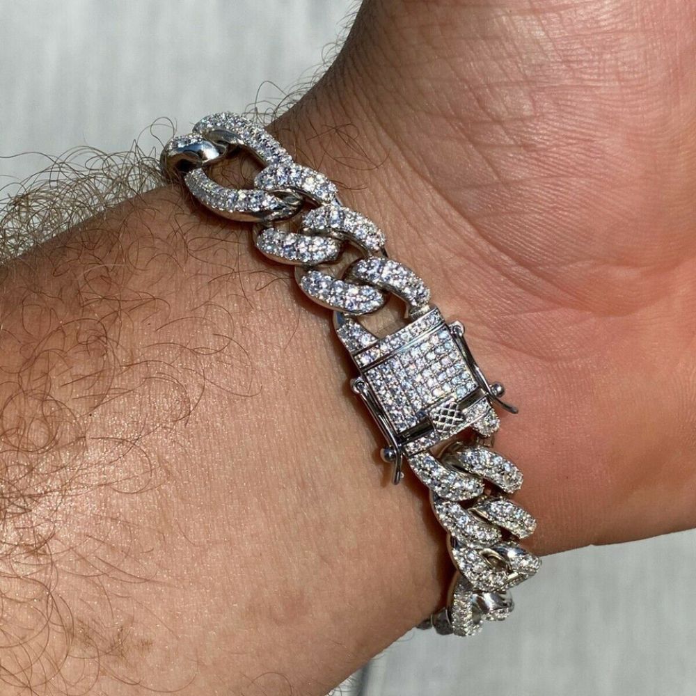 Figaro Link Moissanite Diamond 925 Silver Bracelet