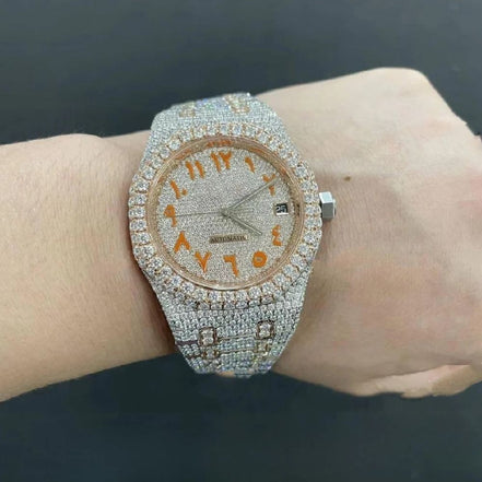 Orange Arabic Numeric Dual Tone Moissanite Watch