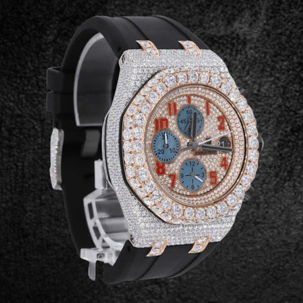 Black Rubber Belt Moissanite Fancy Stylish Watch For Men's