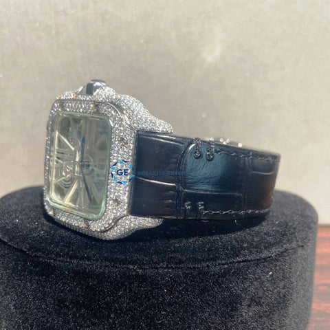 Skeleton Black Leather Belt Moissanite Watch