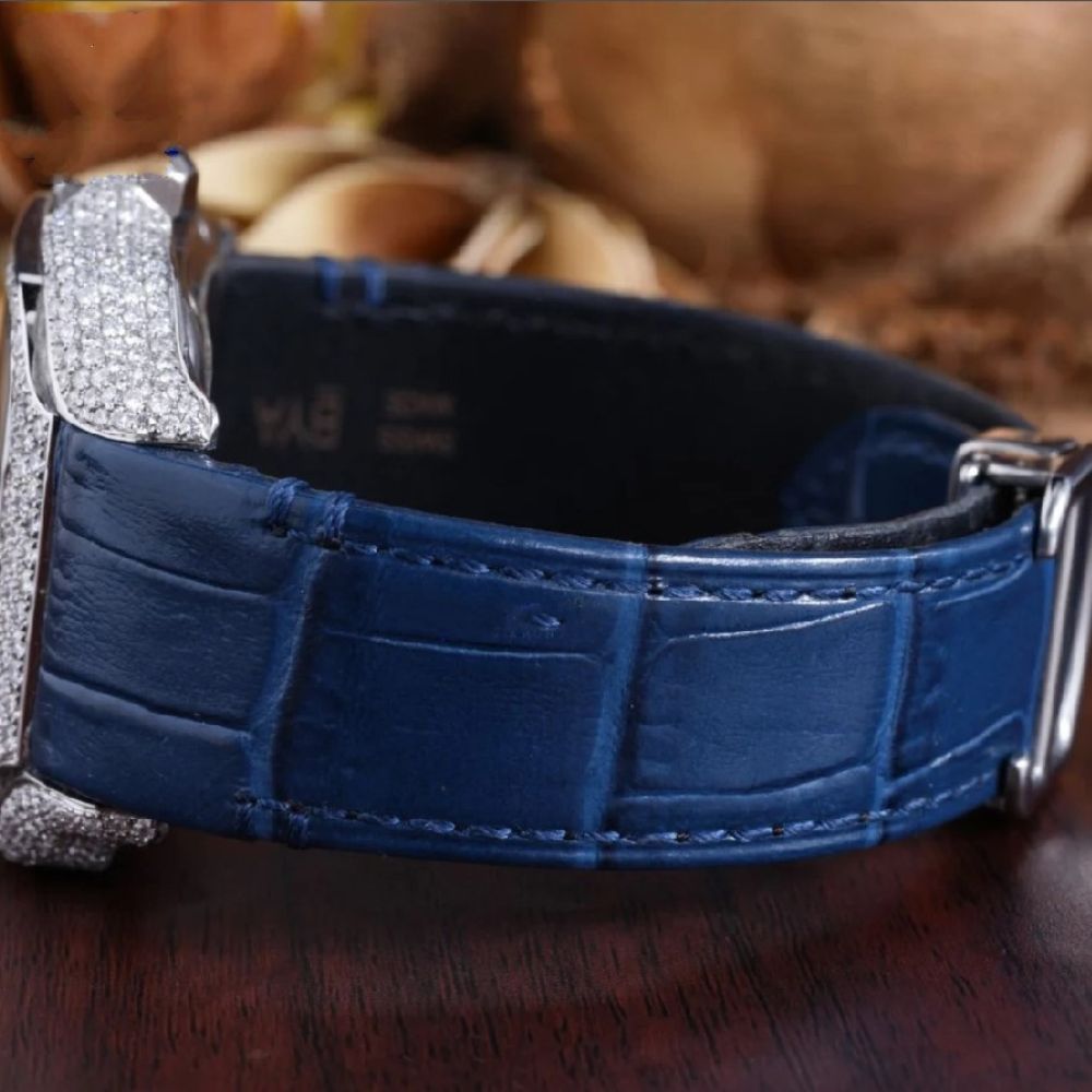 Blue Lather Belt Moissanite Diamond Watch Gift For Men's
