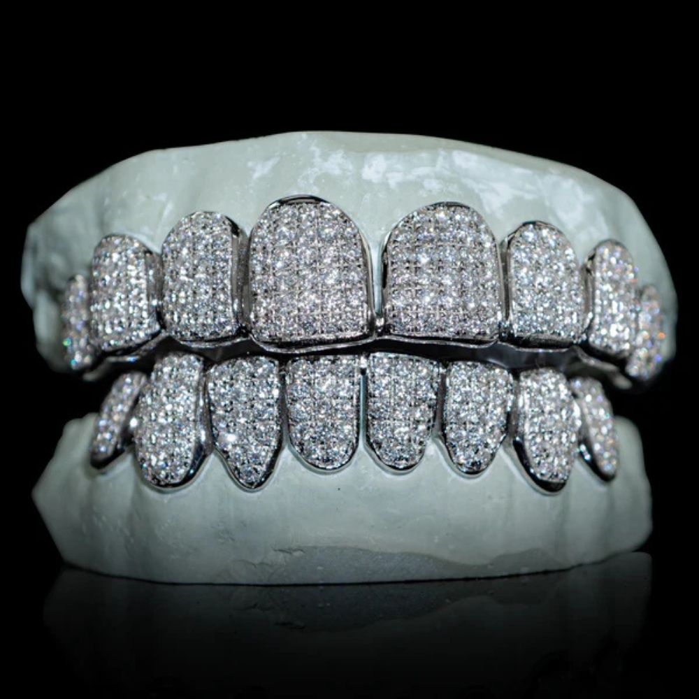 Moissanite Diamond Silver Tone Top & Bottom Teeth Custom Hip Hop Grills