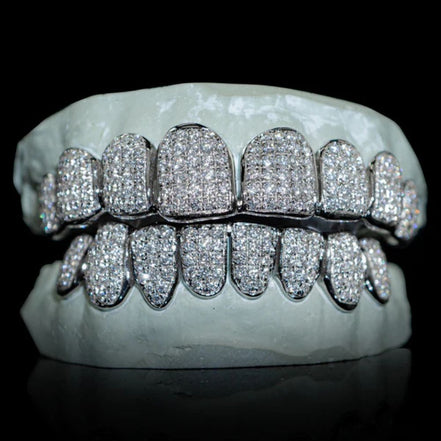 Moissanite Diamond Silver Tone Top & Bottom Teeth Custom Hip Hop Grills