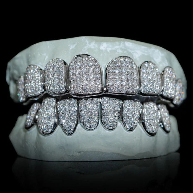 Moissanite Diamond Silver Tone Top & Bottom Teeth Custom Hip Hop Grills