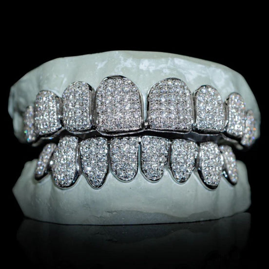 Moissanite Diamond Silver Tone Top & Bottom Teeth Custom Hip Hop Grills