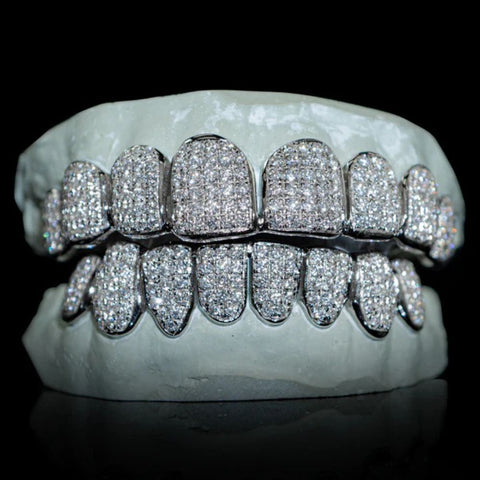 Moissanite Diamond Silver Tone Top & Bottom Teeth Custom Hip Hop Grills