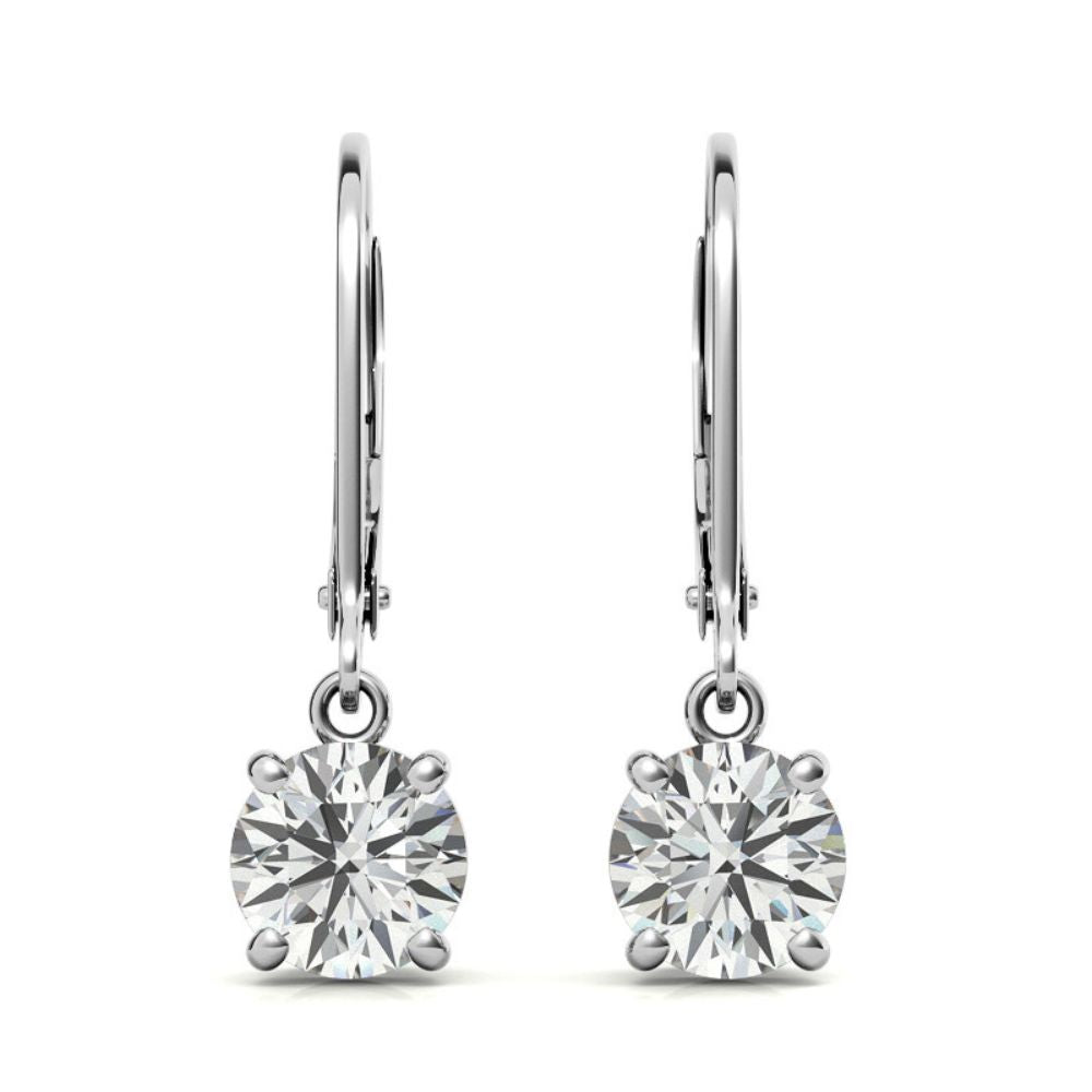 Round Cut Moissanite Lever Back Drop Earrings in White Gold