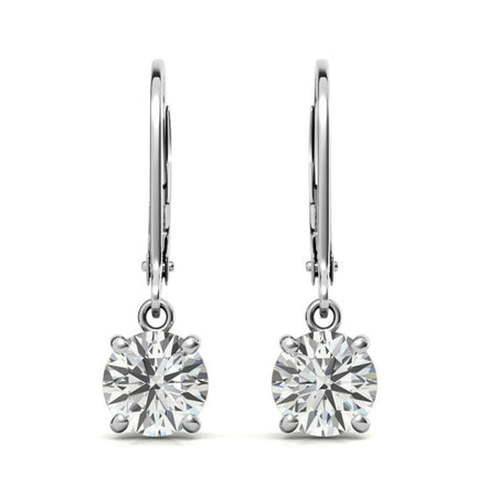 Round Cut Moissanite Lever Back Drop Earrings in White Gold