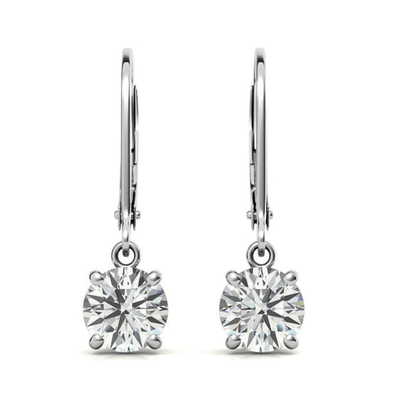Round Cut Moissanite Lever Back Drop Earrings in White Gold