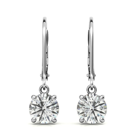 Round Cut Moissanite Lever Back Drop Earrings in White Gold