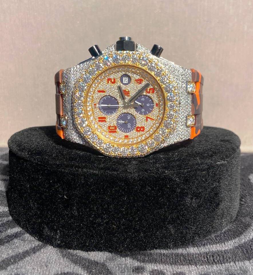Orange Belt Moissanite Chronograph Wrist Watch For Men