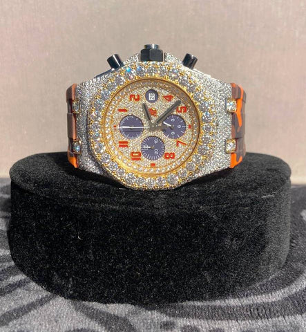 Orange Belt Moissanite Diamond Chronograph Wrist Watch For Men