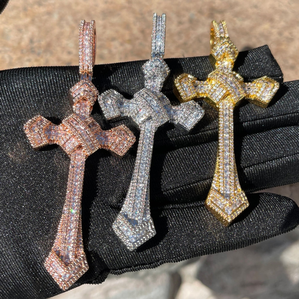 D Color Moissanite Cross Necklace For Men Baguette Pendant
