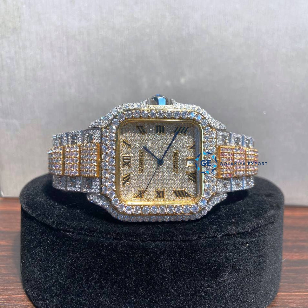 Dual Tone Iced Out Roman Dial Moissanite Diamond Watch