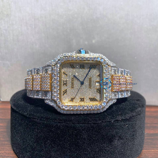 Dual Tone Iced Out Roman Dial Moissanite Diamond Watch