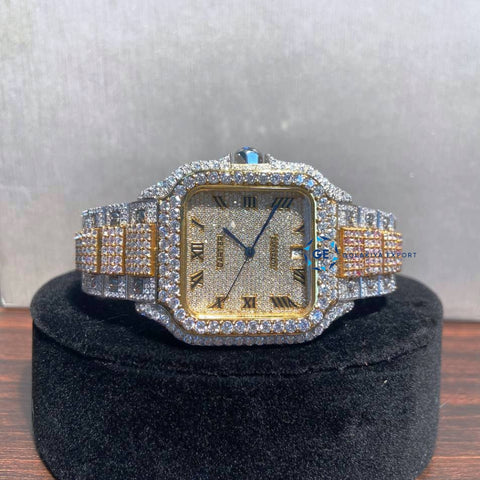 Dual Tone Iced Out Roman Dial Moissanite Diamond Watch