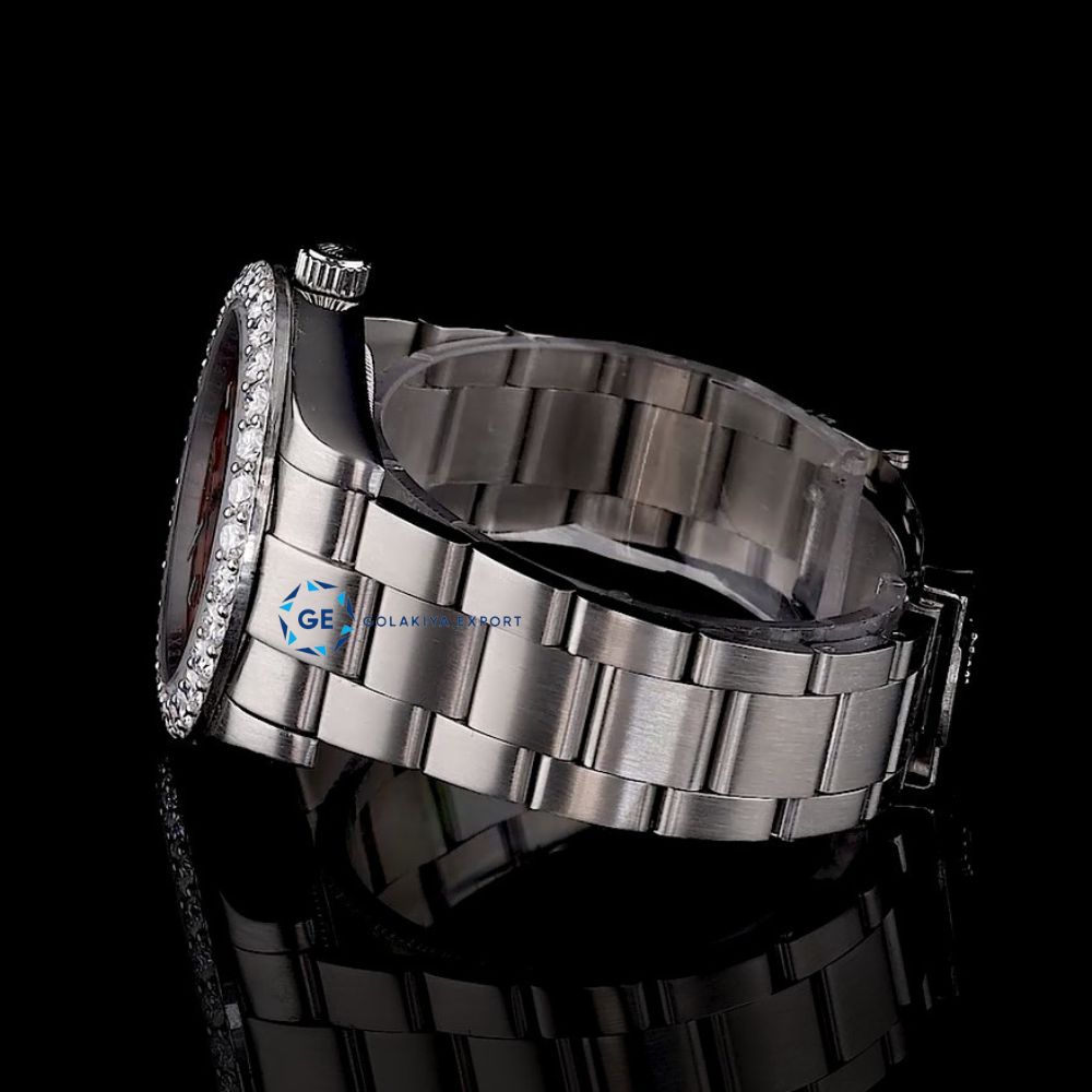 Elegant Red Dial Moissanite Diamond Automatic Watch