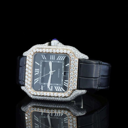Black Color Roman Numeric Leather Belt Moissanite Watch