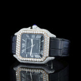 Black Color Roman Numeric Leather Belt Moissanite Watch