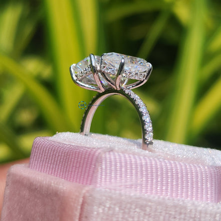 Two Stone Oval & Radiant Cut Hidden Halo Engagement Ring