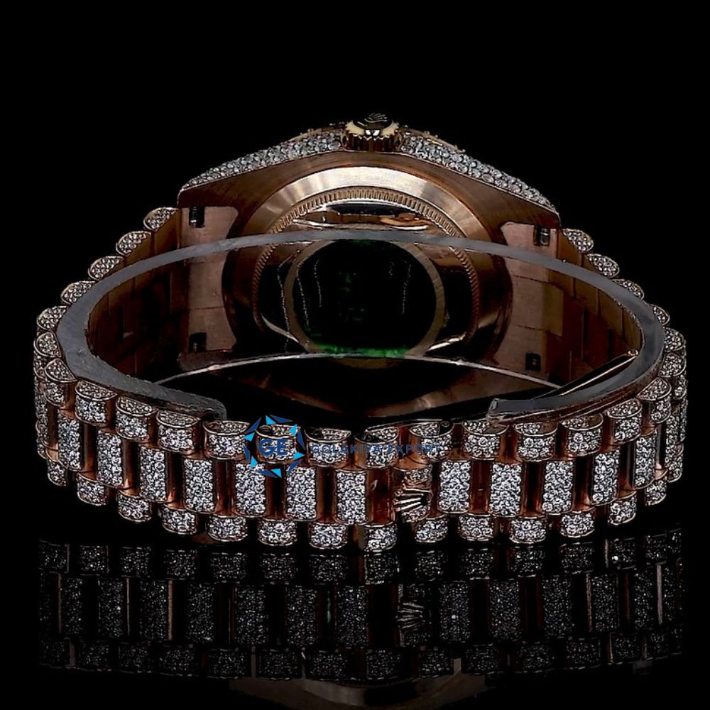 Brown Dial Day Date Moissanite Rose Gold Rapper Style Wrist Watch