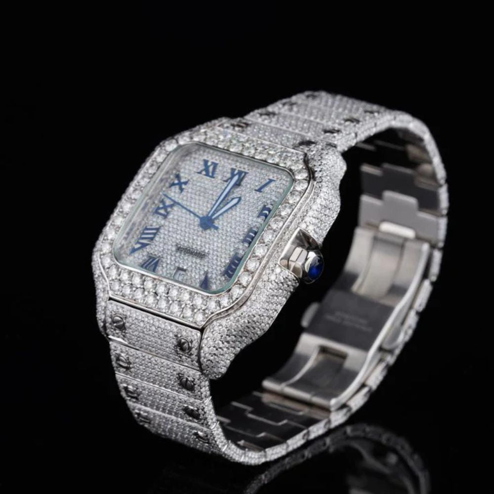 Blue Roman Number Iced Out Moissanite Watch
