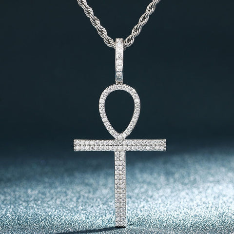 Round Cut Moissanite Ankh Cross Iced Out Pedant For Men's