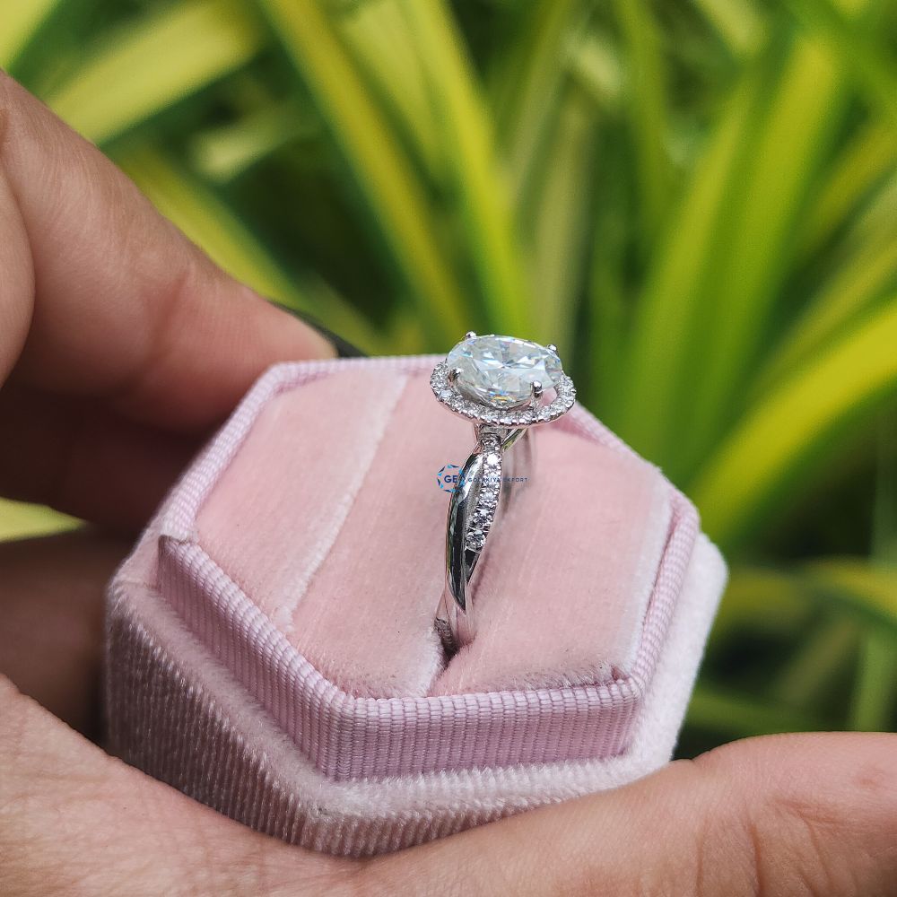 Lab Grown Oval Cut Halo Engagement Ring With Twisted Band