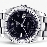 Stainless Steel Black Roman Numeral Dial Moissanite Watch
