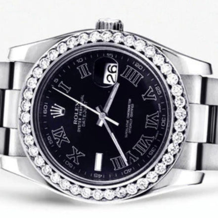 Stainless Steel Black Roman Numeral Dial Moissanite Watch