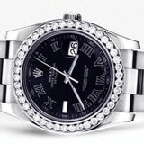 Stainless Steel Black Roman Numeral Dial Moissanite Watch