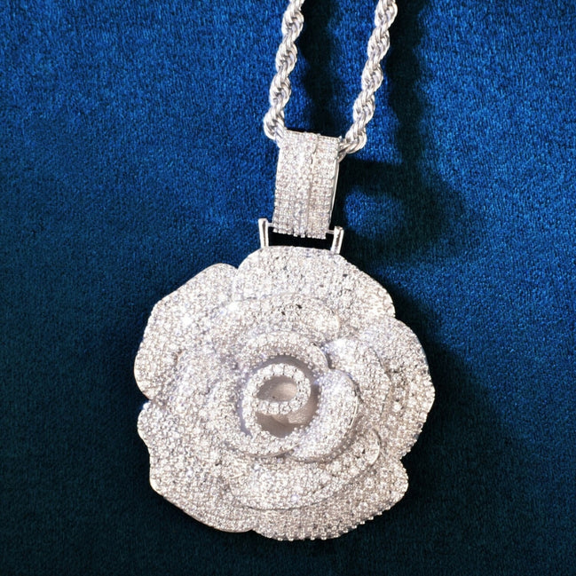 Rose Flower Silver Moissanite Men's Pendant