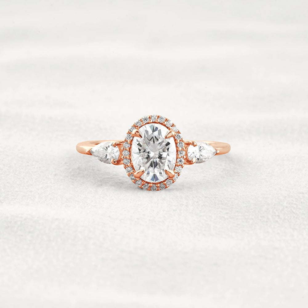 Oval Cut Three Stone Halo Moissnaite Diamond Engagement Ring