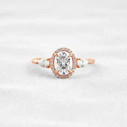 Oval Cut Three Stone Halo Moissnaite Diamond Engagement Ring