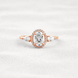 Oval Cut Three Stone Halo Moissnaite Diamond Engagement Ring