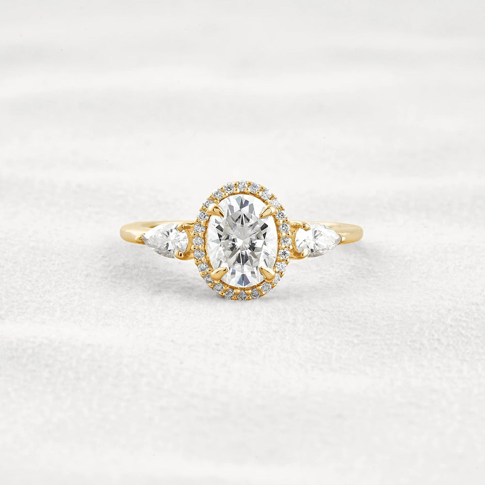 Oval Cut Three Stone Halo Moissnaite Diamond Engagement Ring