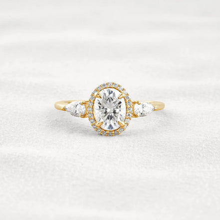 Oval Cut Three Stone Halo Moissnaite Diamond Engagement Ring