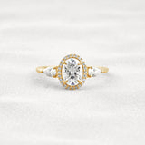 Oval Cut Three Stone Halo Moissnaite Diamond Engagement Ring