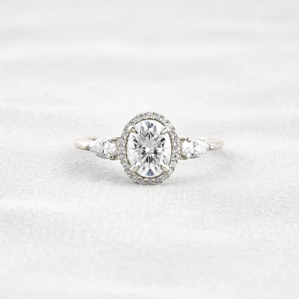 Oval Cut Three Stone Halo Moissnaite Diamond Engagement Ring