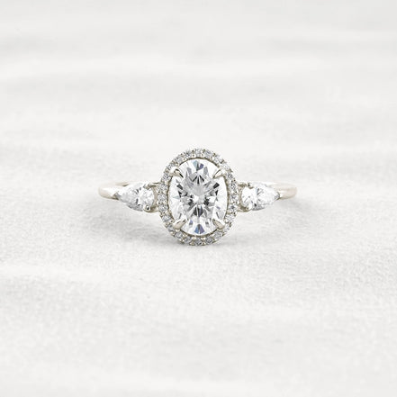 Oval Cut Three Stone Halo Moissnaite Diamond Engagement Ring