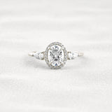 Oval Cut Three Stone Halo Moissnaite Diamond Engagement Ring