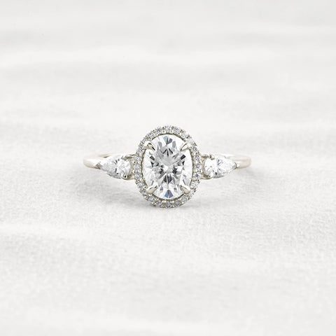Oval Cut Three Stone Halo Moissnaite Diamond Engagement Ring