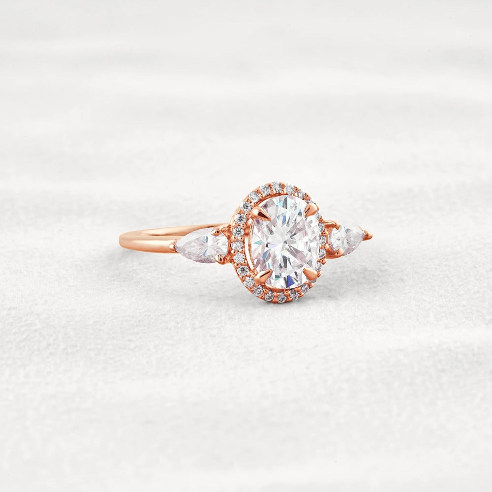 Oval Cut Three Stone Halo Moissnaite Diamond Engagement Ring
