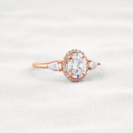 Oval Cut Three Stone Halo Moissnaite Diamond Engagement Ring
