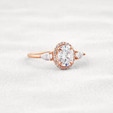 Oval Cut Three Stone Halo Moissnaite Diamond Engagement Ring