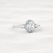 Oval Cut Three Stone Halo Moissnaite Diamond Engagement Ring